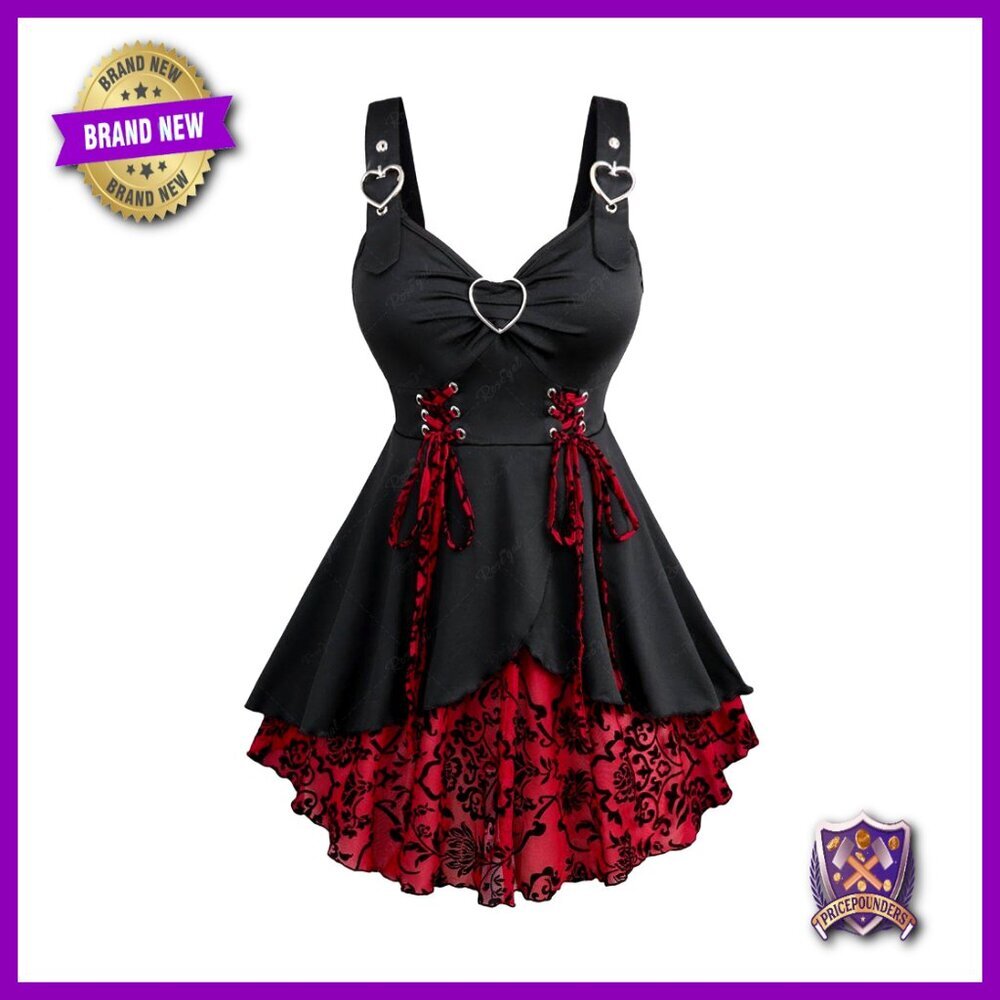 Plus Size Gothic Tank Top with Floral Flocking, Lace-Up, and Heart Buckles